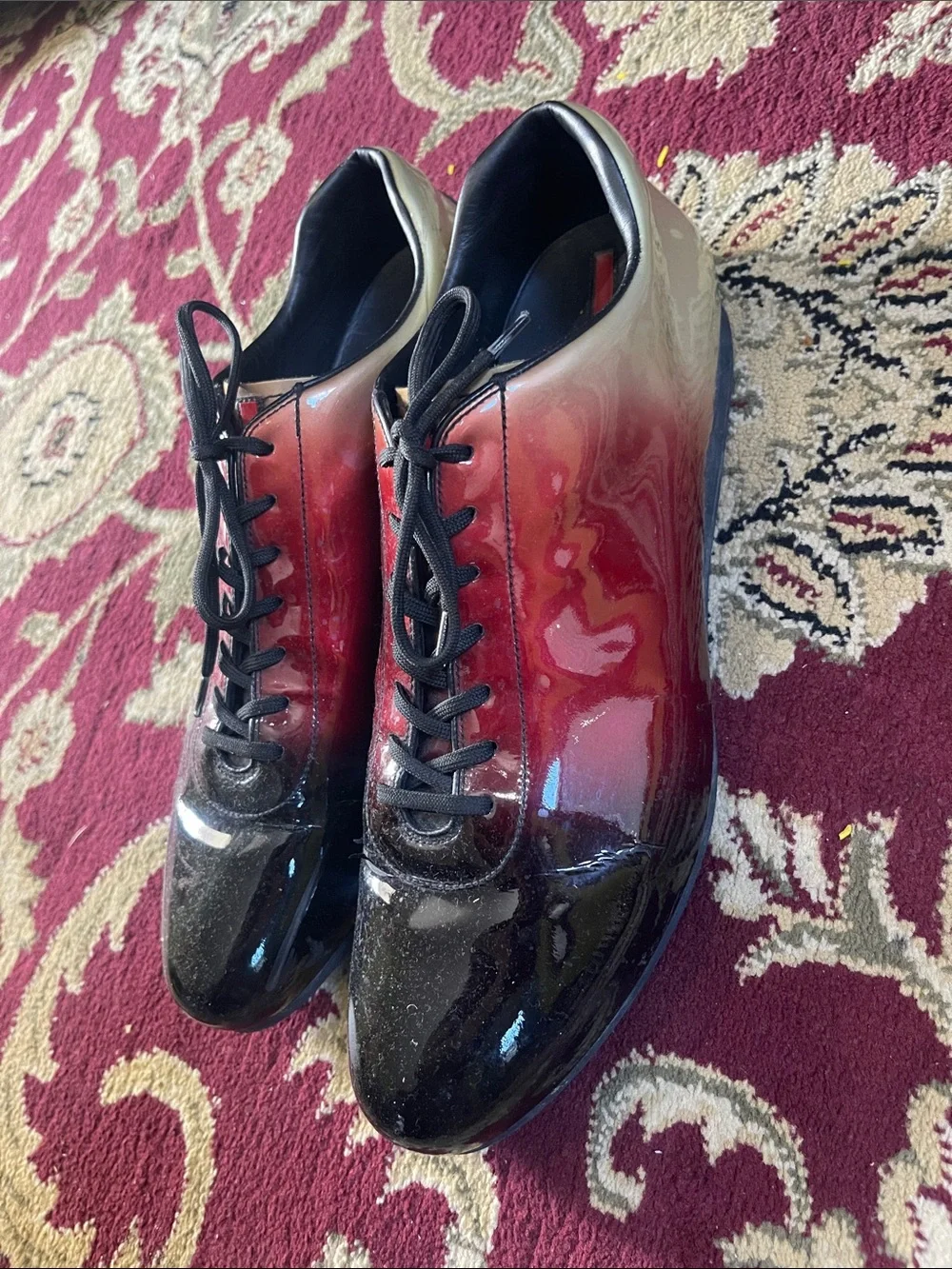 Men's Prada Red to Black Gradient Patent Lace-Up Shoes